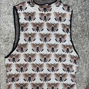 Anthropologie Sleeveless Bee-Pattern Knit Top - White and Brown
